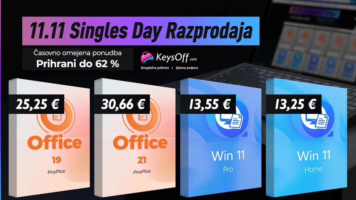 Pristni Windows 11 ter MS Office 2021 že od 11 € med Keysoff razprodajo ob Single’s Day!