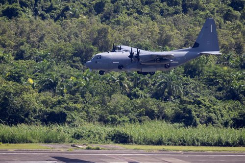 An AC-130J Ghostrider approaches to land at the former Roosevelt Roads Naval Station in Ceiba, Puerto Rico, October 29, 2025. REUTERS/Ricardo Arduengo