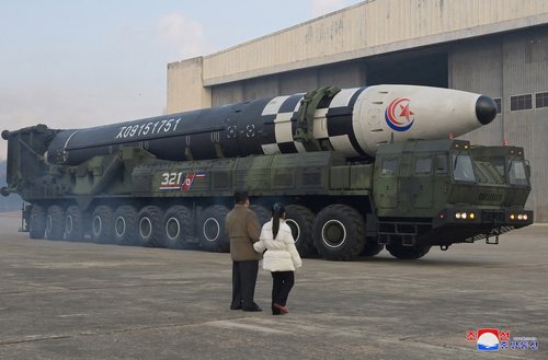 North Korean leader Kim Jong Un inspects an intercontinental ballistic missile (ICBM)
