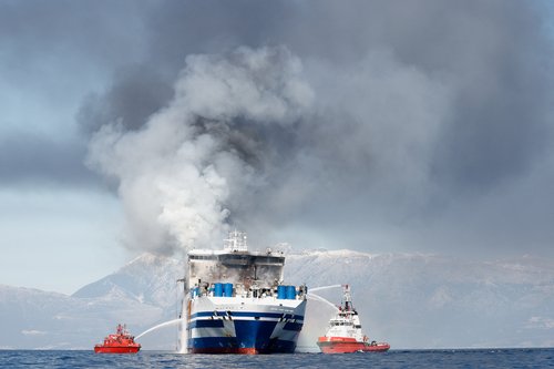 Smoke rises from the Italian-flagged Euroferry Olympia