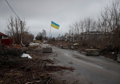 A Ukrainian national flag flutters on the street in the village of Kozarovychi