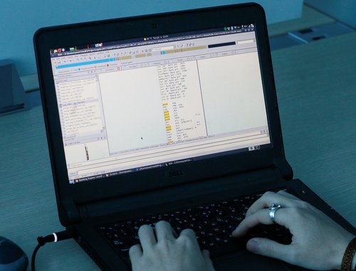 A view shows a laptop display showing part of a code, which is the component of Petya malware computer virus according to representatives of Ukrainian cyber security firm ISSP, at the firm's office in Kiev