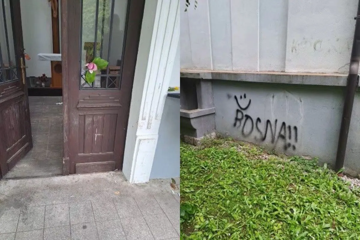 Delili fotografije poškodovane kapele, na steni grafiti in svastike