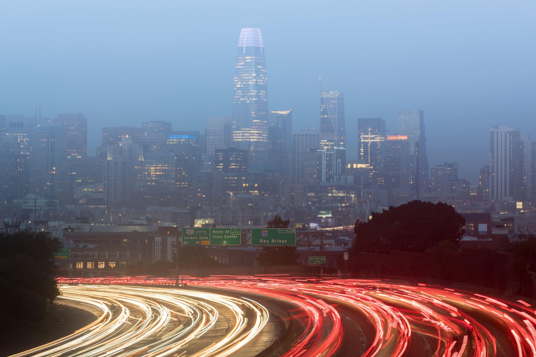 Fog City Rises Above the Highway. San Francisco, California, USA.