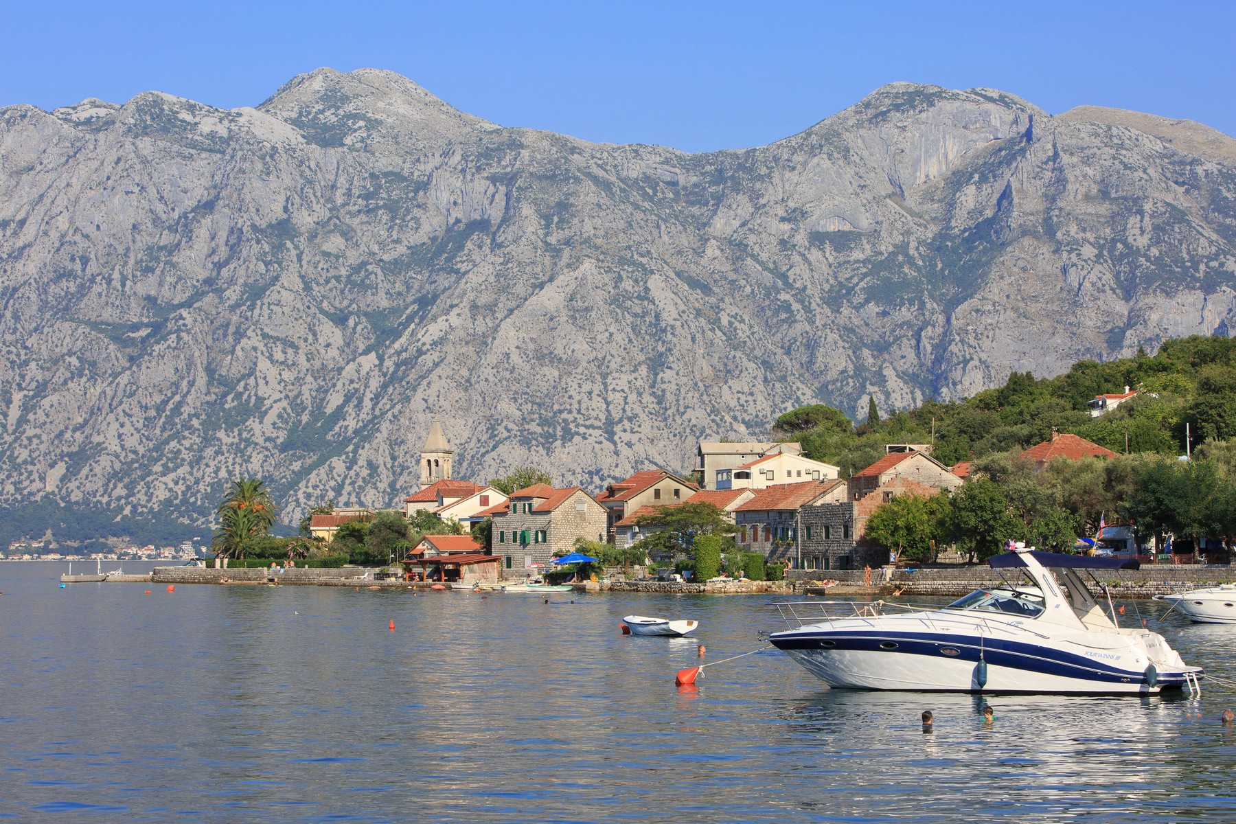 Panoramic view of the picturesque village of Prcanj along the Bay of Kotor, Montenegro