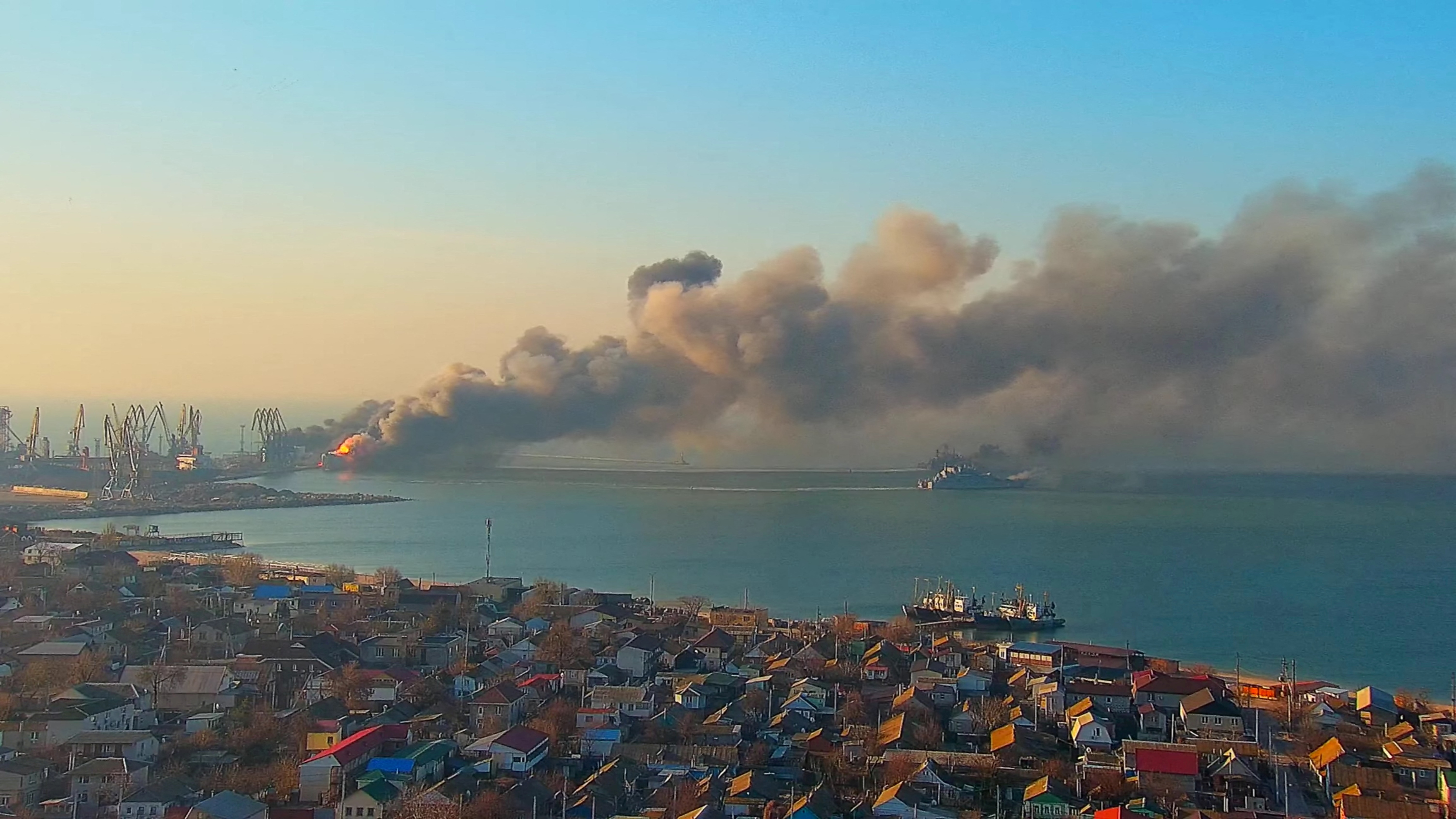 Smoke billows from Russian ship at the port of Berdiansk