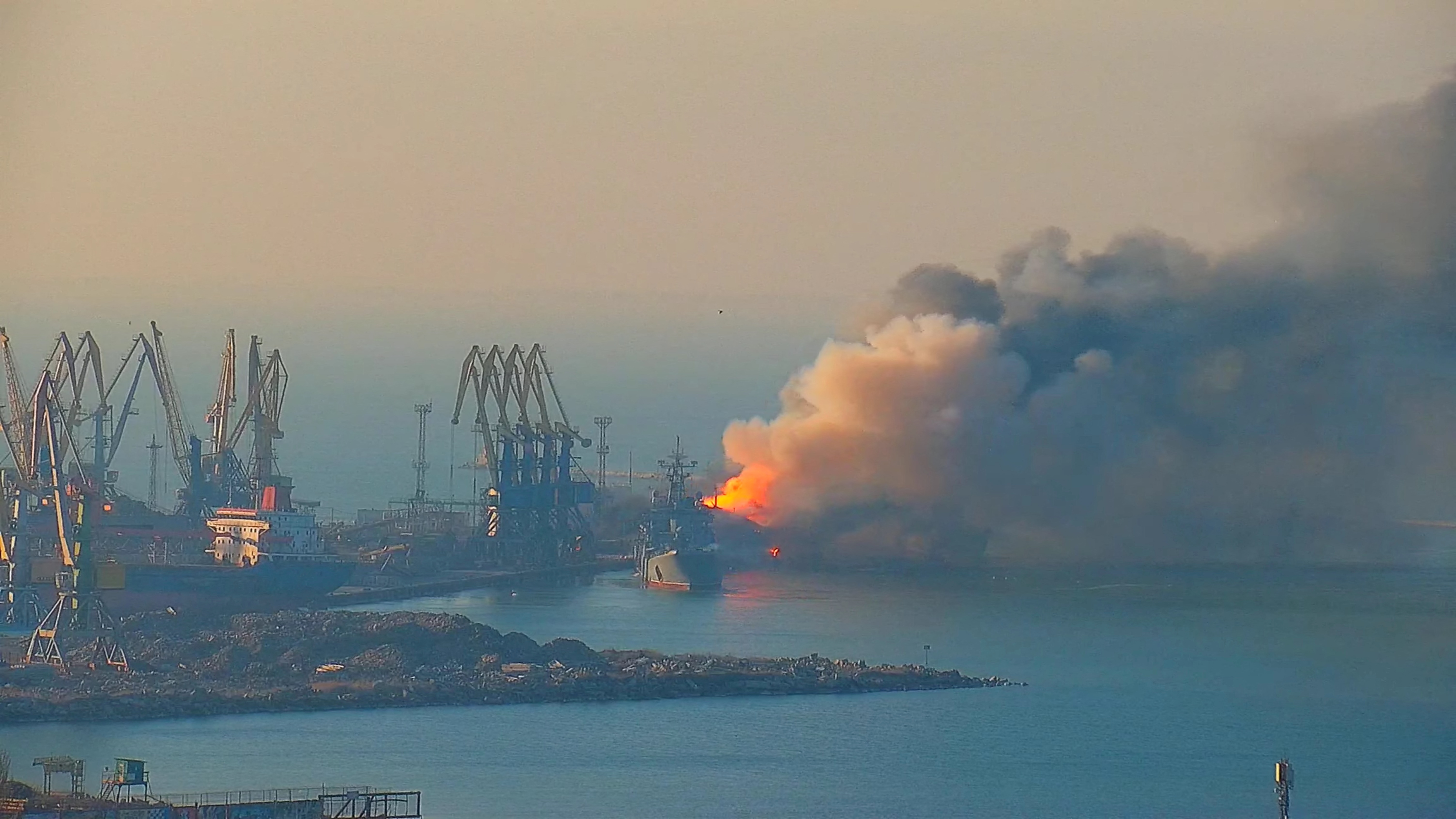 Smoke billows from Russian ship at the port of Berdiansk