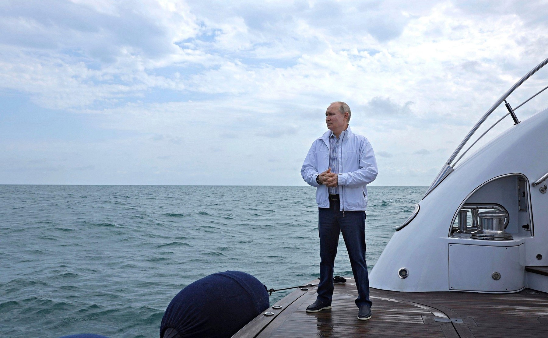 Sochi, Russia. 29th May, 2021. Russian President Vladimir Putin waits on the deck of a yacht to welcome Belarus President Alexander Lukashenko on the Black Sea May 29, 2021 in Sochi, Russia. Credit: Planetpix/Alamy Live News
