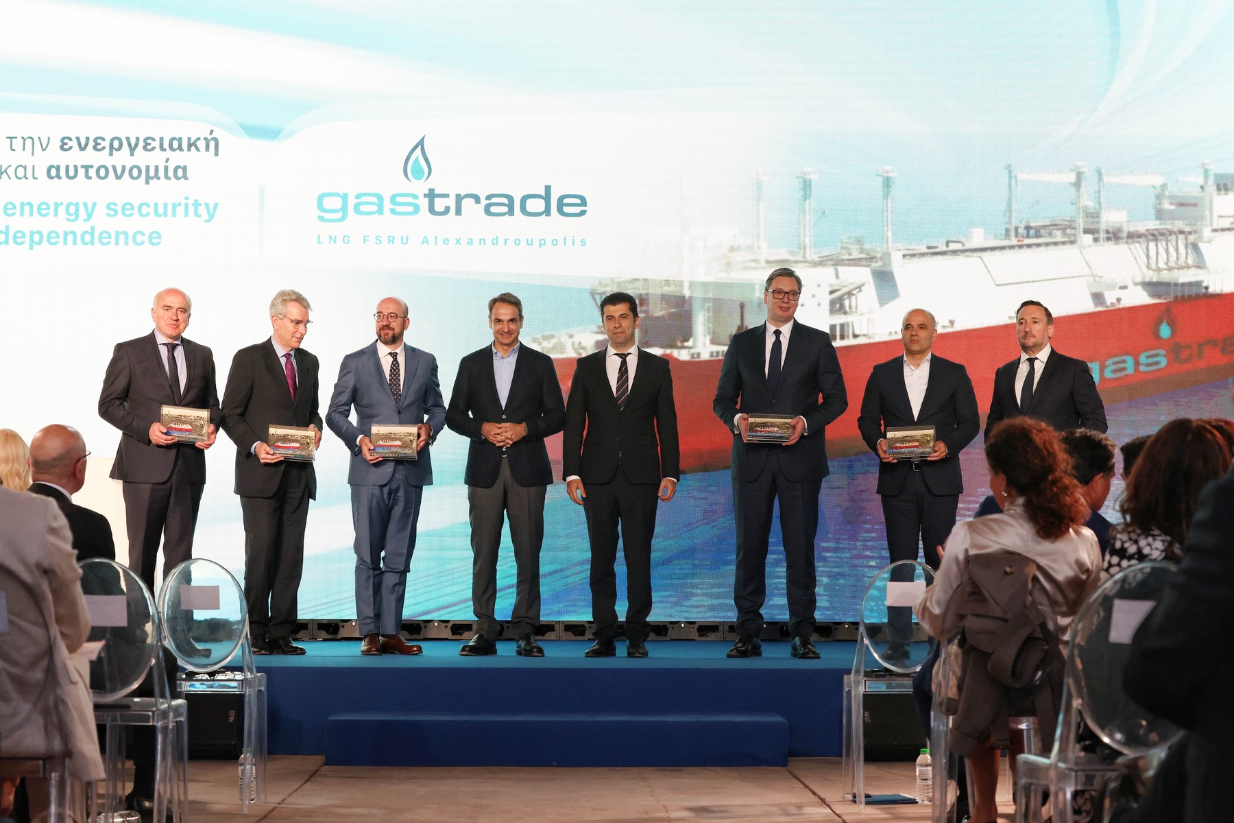 Greece,  Alexandroupolis: Charles Michel, President of the European Council visits Greece. Inauguration of the works for the construction of the FSRU / Gas trade