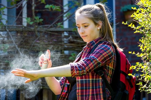 ženska, razpršilo, komarji, gozd, narava