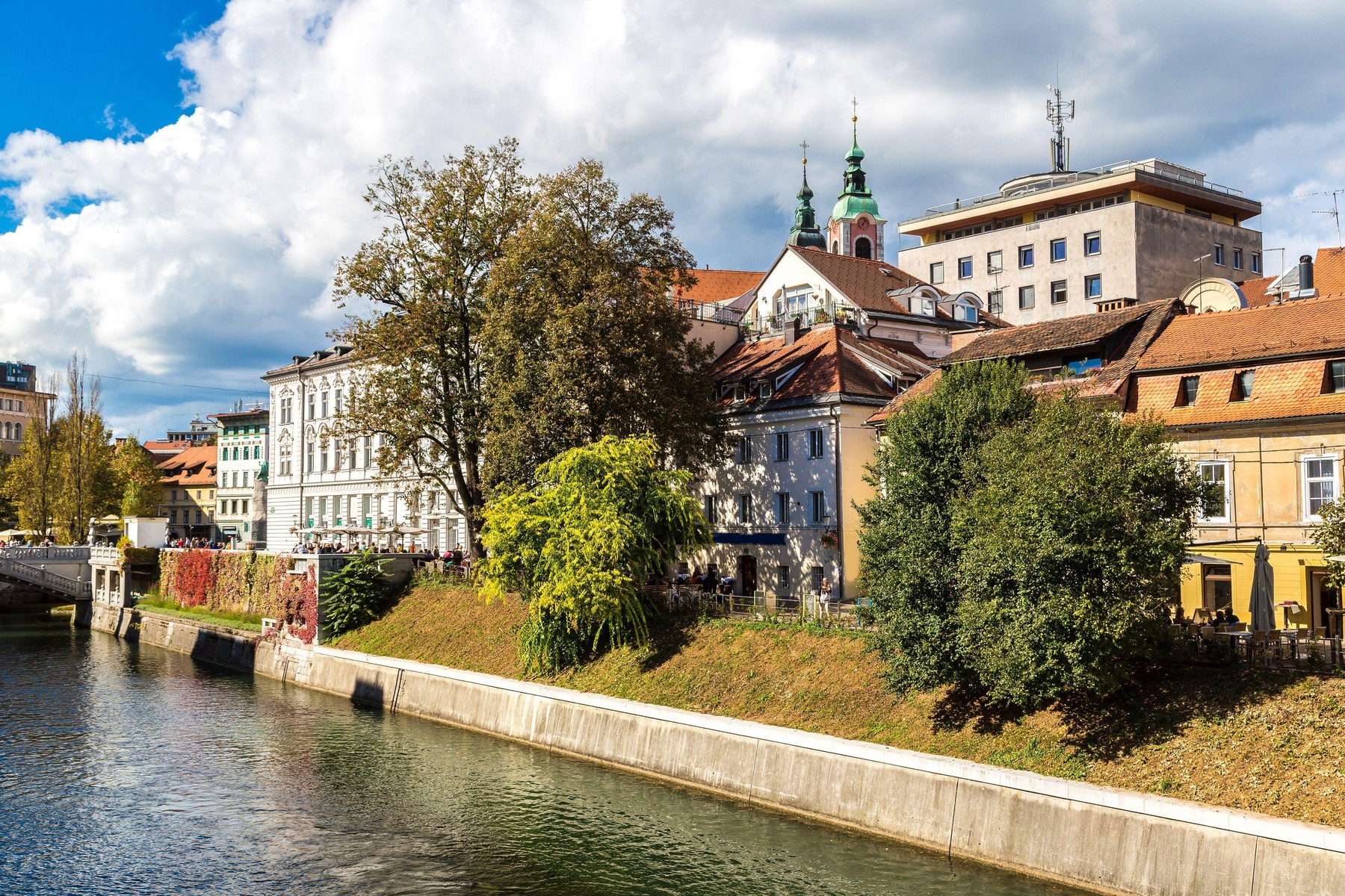 Ljubljana river in downtown in a summer day in Ljubljana, Slovenia