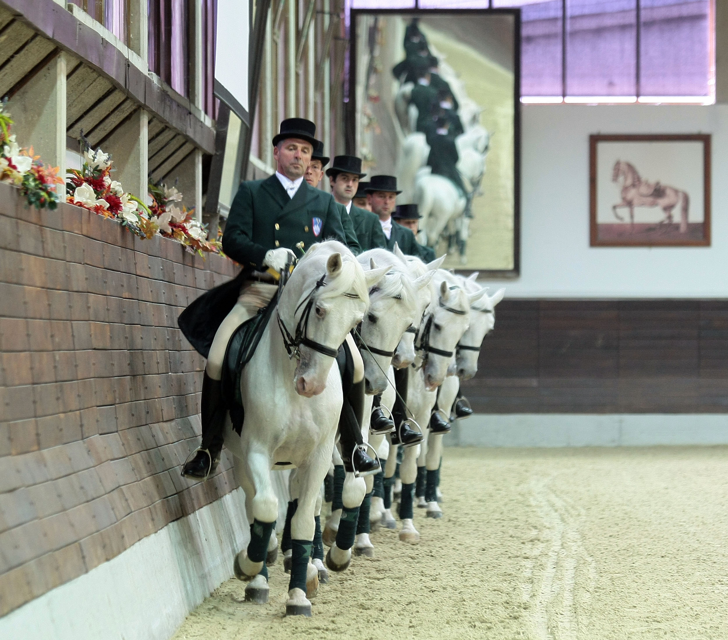 Program lipiške klasične šole jahanja v pokriti jahalnici kobilarne Lipica med obiskom kraljice Elizabete II. v Sloveniji (Foto: Tina Kosec/BOBO)