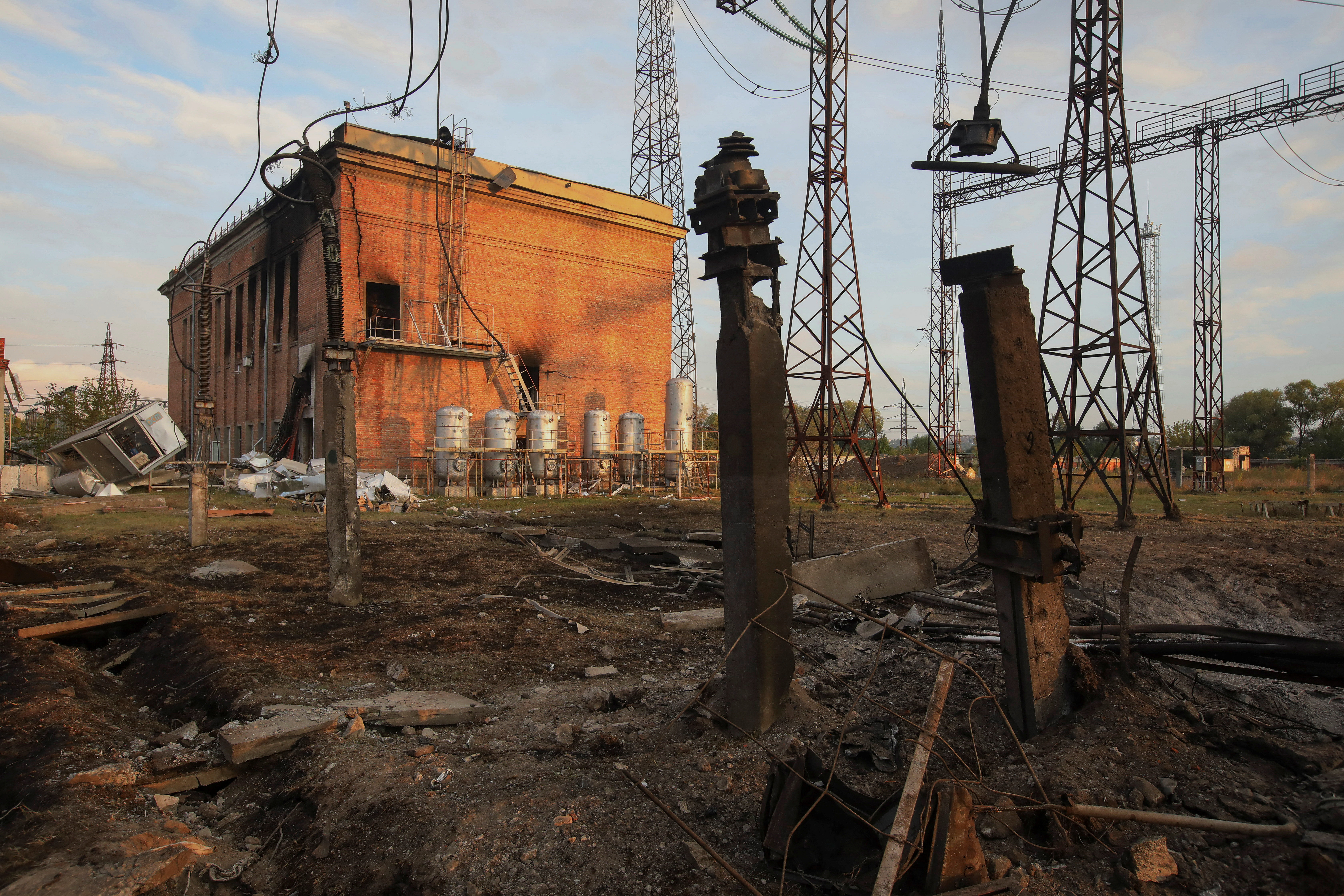 View shows a compound of a power substation heavily damaged by a recent Russian missile strike in Kharkiv