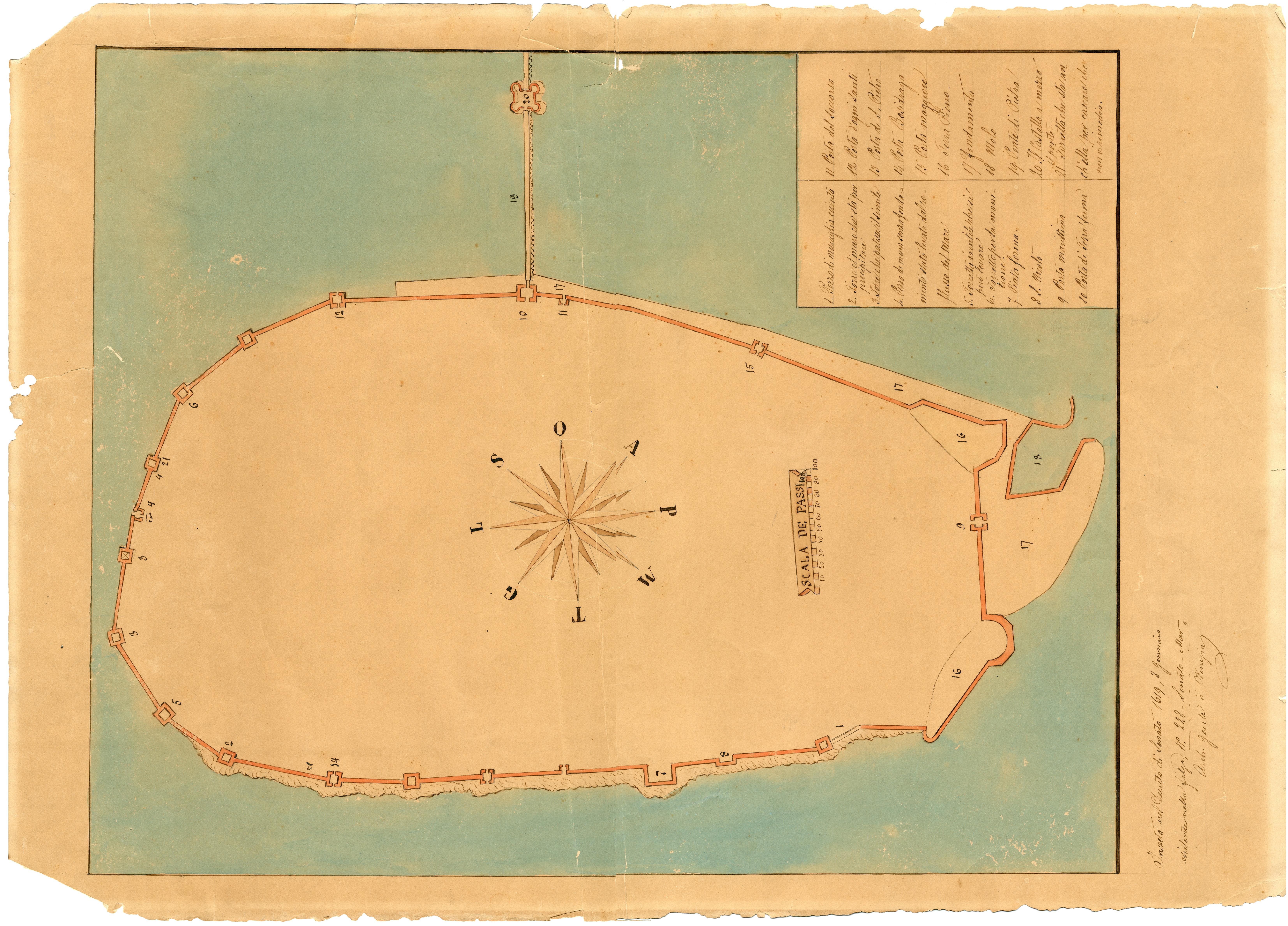 Načrt koprskega obzidja je leta 1620 izdelal Battista Rubertini (gradivo hrani Pokrajinski muzej Koper)