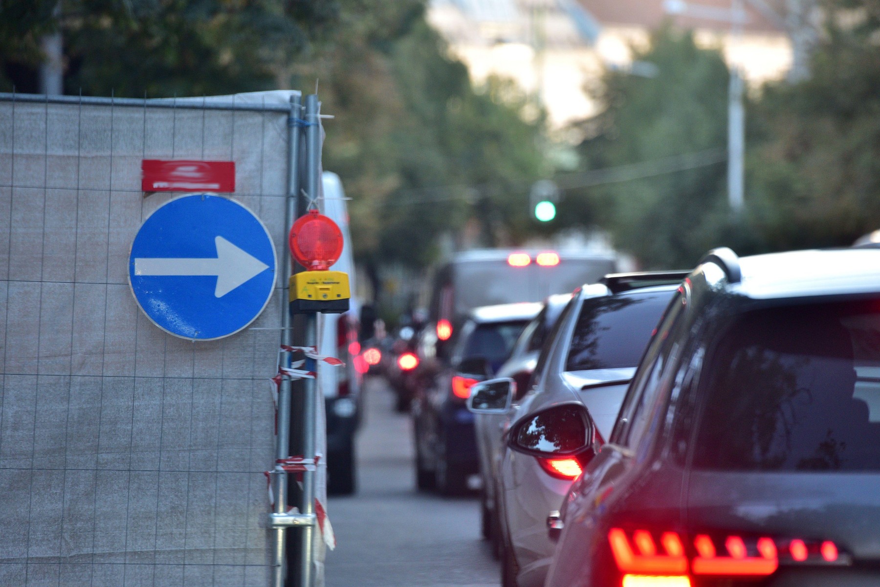 Traffic jam in front of a construction site in Vienna, Austria
