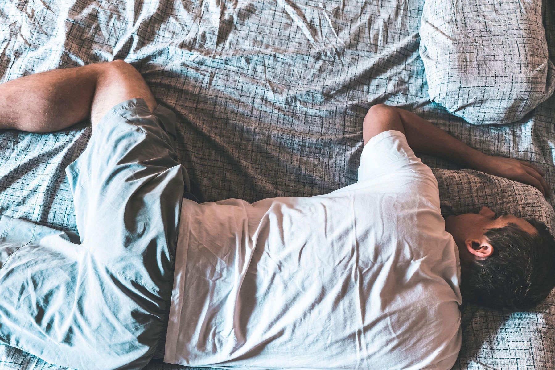 moški, postelja, rjuhe, spanje