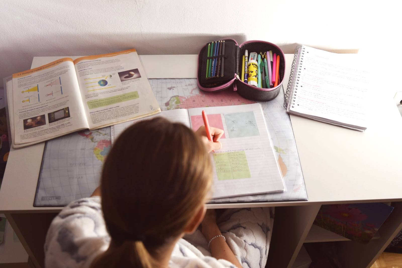 šolske potrebščine, učenka, učenec,  zvezek, domača naloga