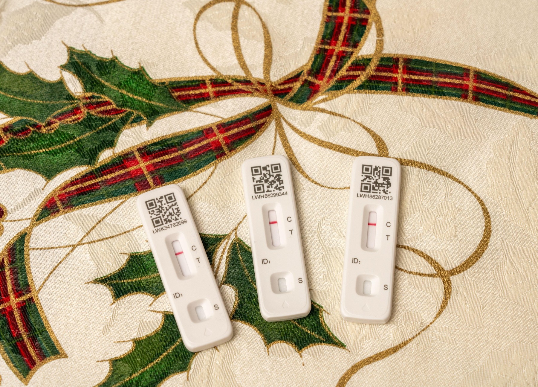 Morgantown, WV - 25 December 2021: Three Covid-19 antigen tests with result showing a negative test for the coronavirus after tests taken at Christmas