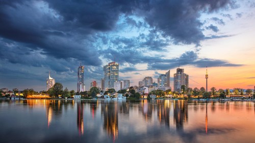 Vienna, Austria. Panoramic cityscape image of Vienna capital city of Austria during sunset.