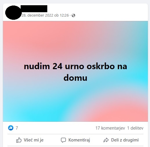 Facebook skupina Iščem negovalca / negovalko - Oskrba in pomoč na domu