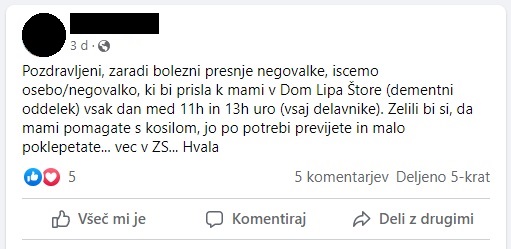 Facebook skupina Iščem negovalca / negovalko - Oskrba in pomoč na domu