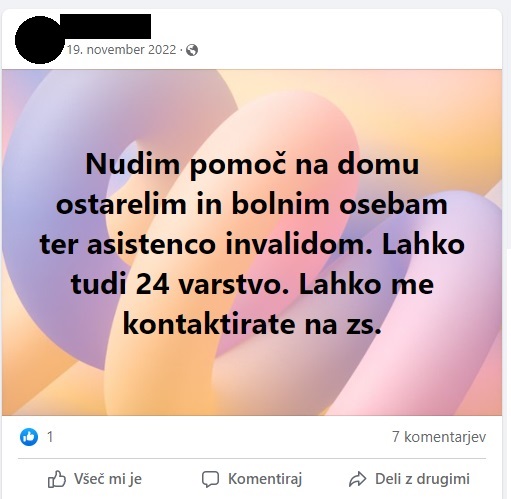 Facebook skupina Iščem negovalca / negovalko - Oskrba in pomoč na domu