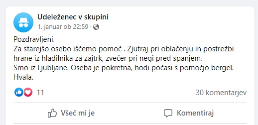 Facebook skupina Iščem negovalca / negovalko - Oskrba in pomoč na domu