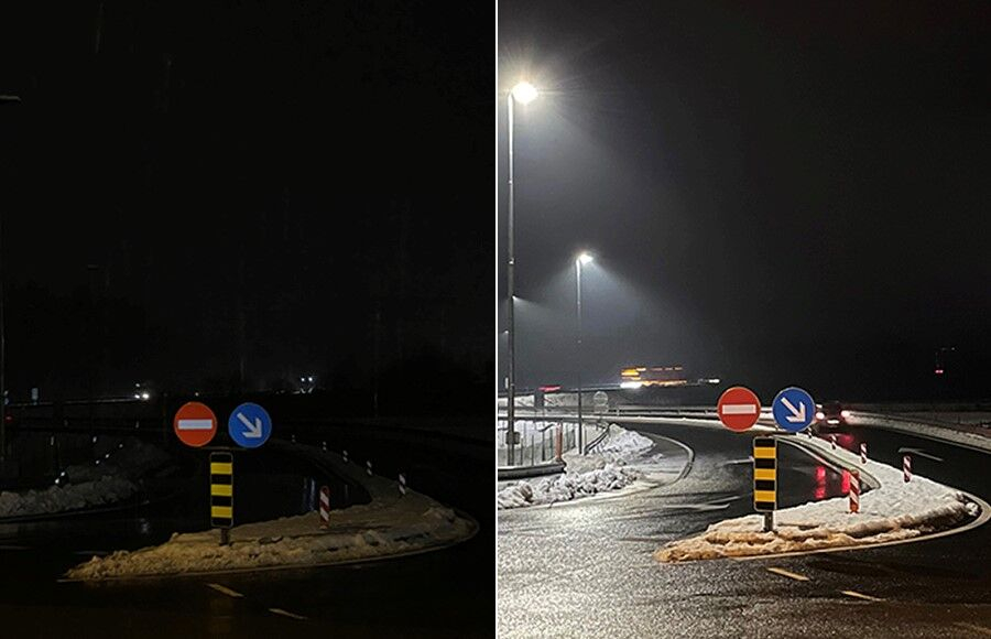 Avtocestni priključek Domžale po Darsovem ukrepu zmanjšanja osvetlitve avtocest in hitrih cest ter po povrnitvi v prvotno stanje.