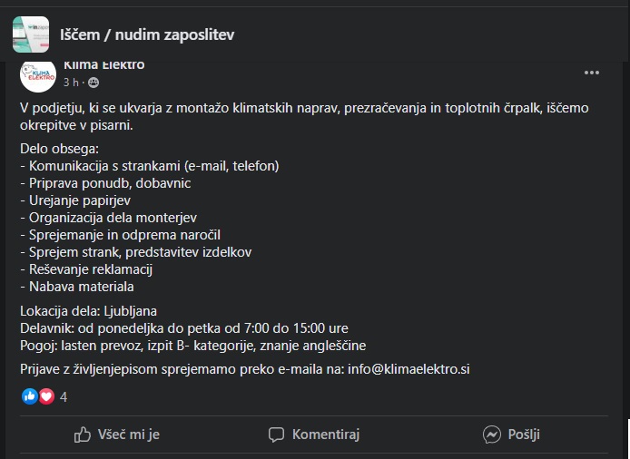 oglas za zaposlitev na facebooku