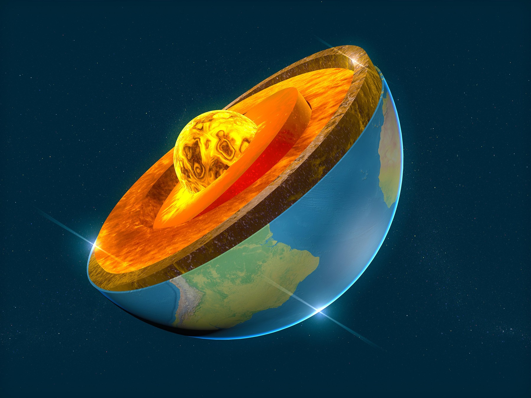Earth structure, division into layers, the earth's crust and core. 3d rendering