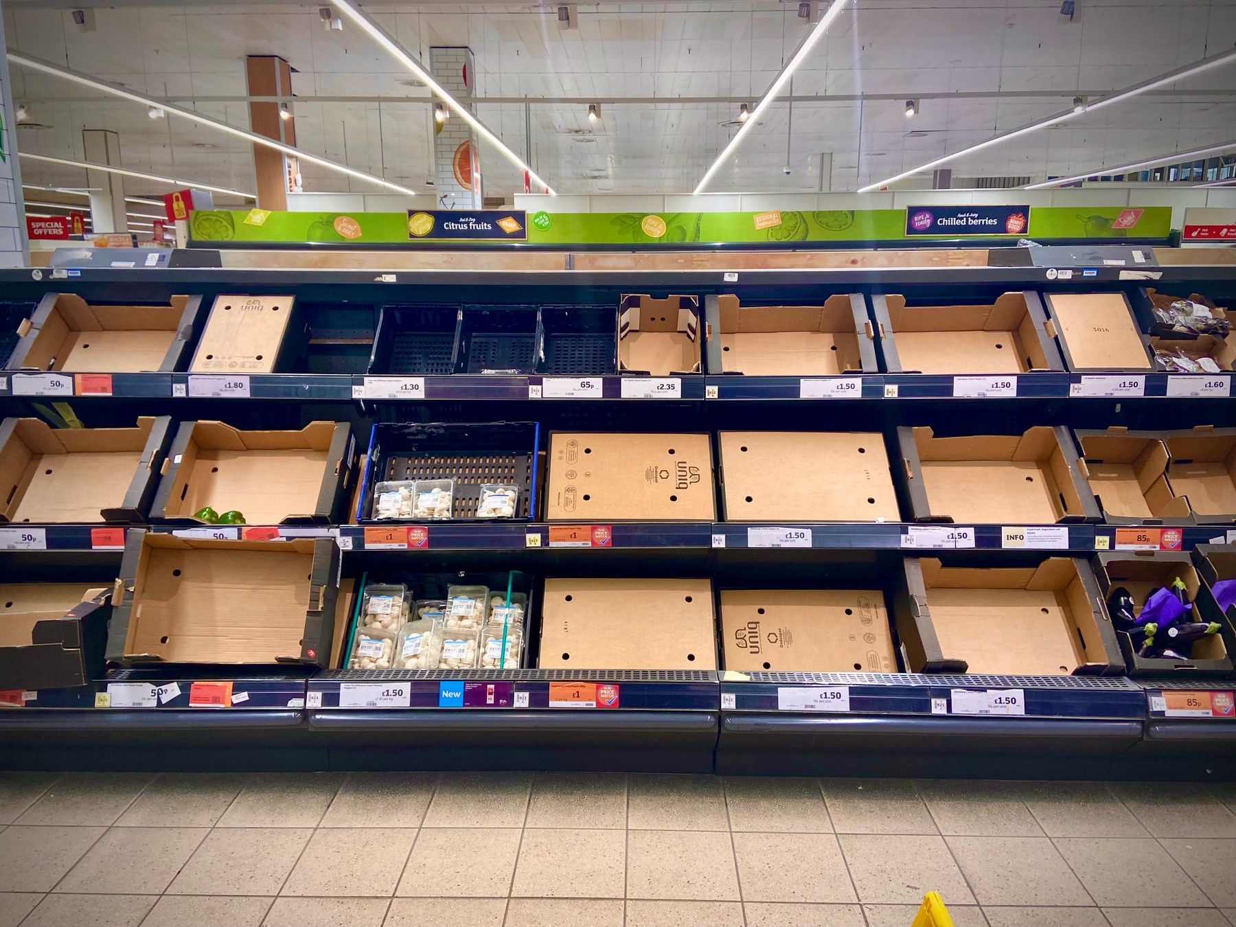 Non Exclusive: Empty vegetable aisle shelves in Sainsbury's Reading