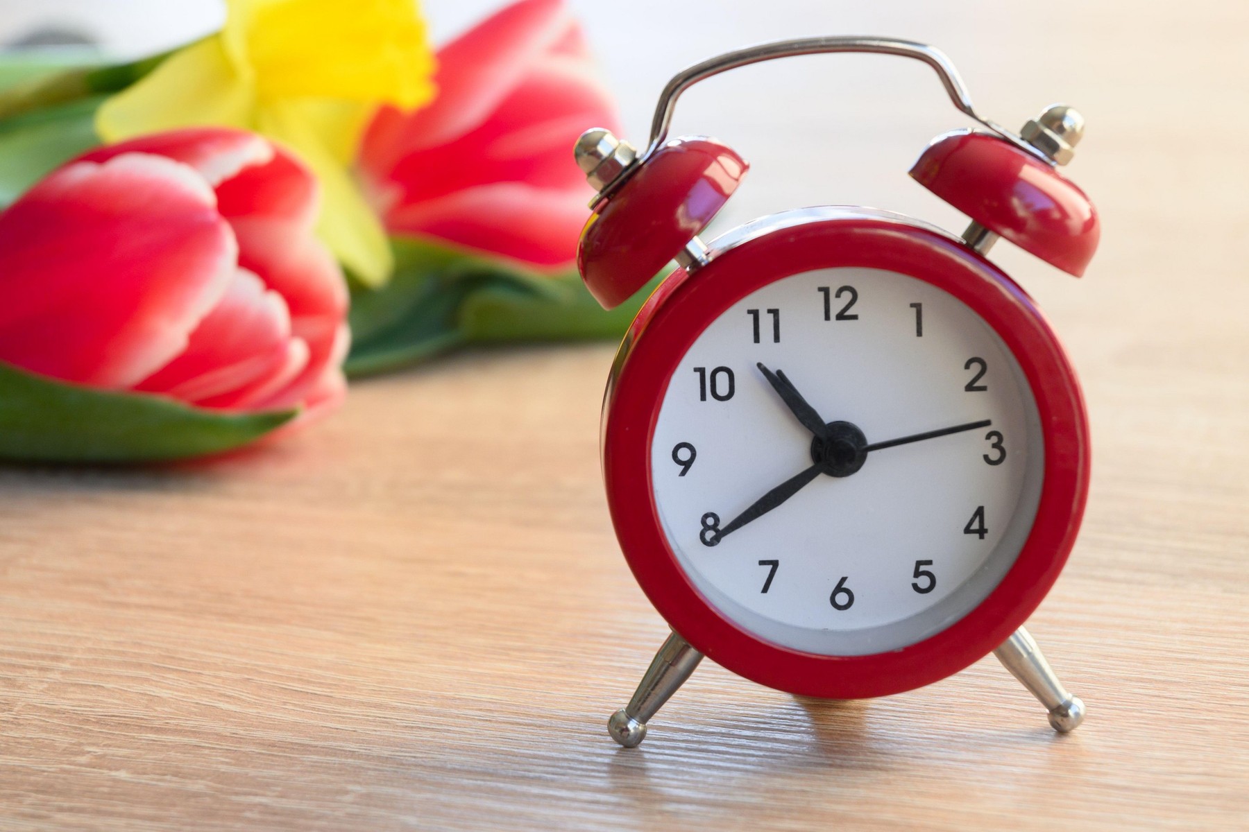 Alarm clock with fresh flowers. Spring summer time change