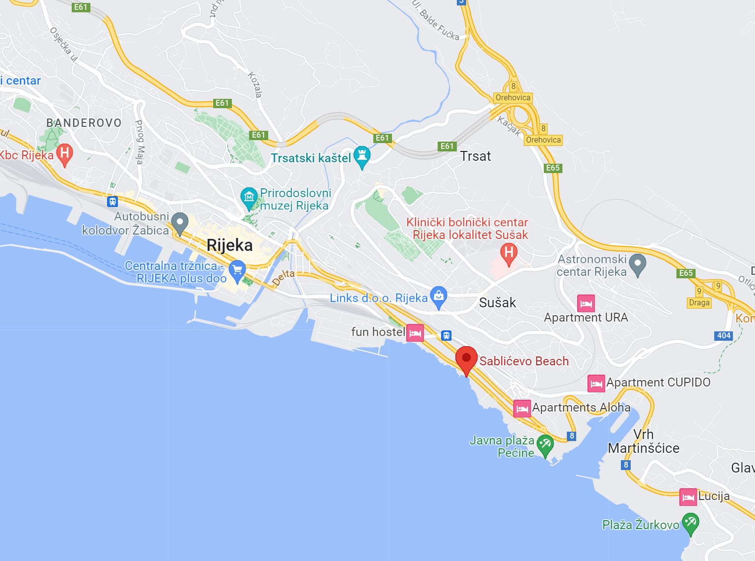 Plaža Sablićevo, Reka, Hrvaška, Kvarner