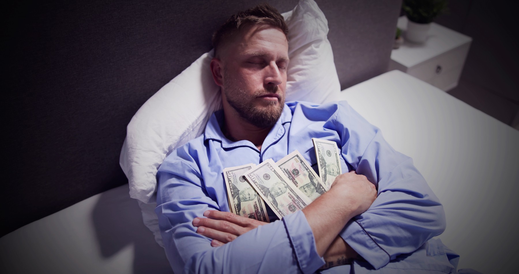 sanje, spanje, moški spi, sanja, denar