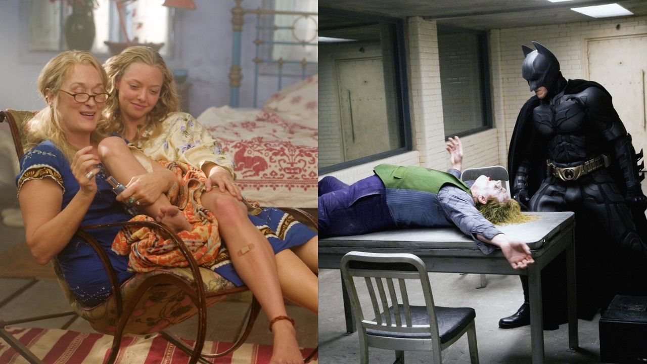 Prizora iz filmov Mamma Mia! in Vitez teme (2008).