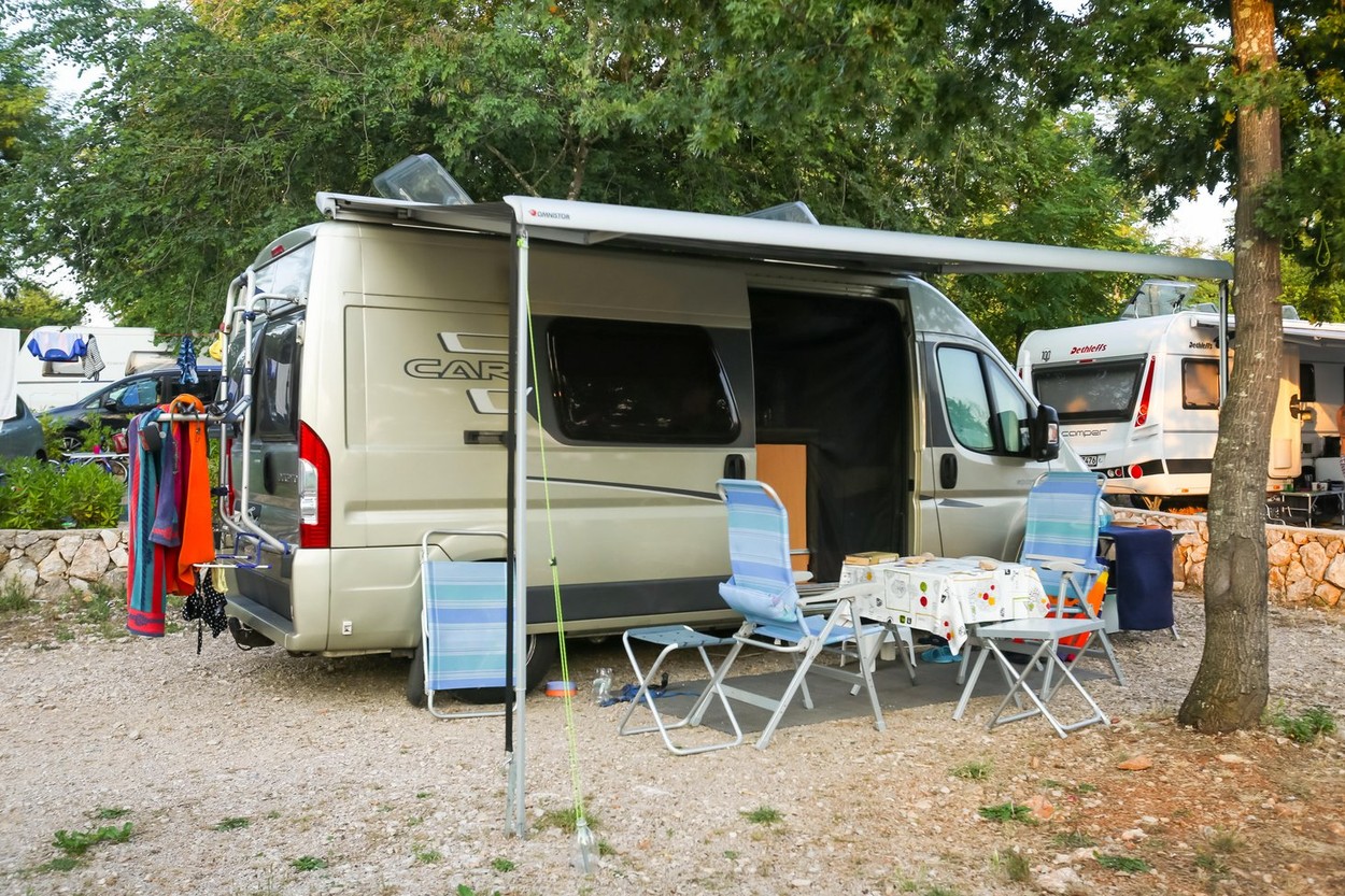 NJIVICE, CROATIA - JUNE 24, 2017 : A camping trailer in a camp on island Krk in Njivice, Croatia.