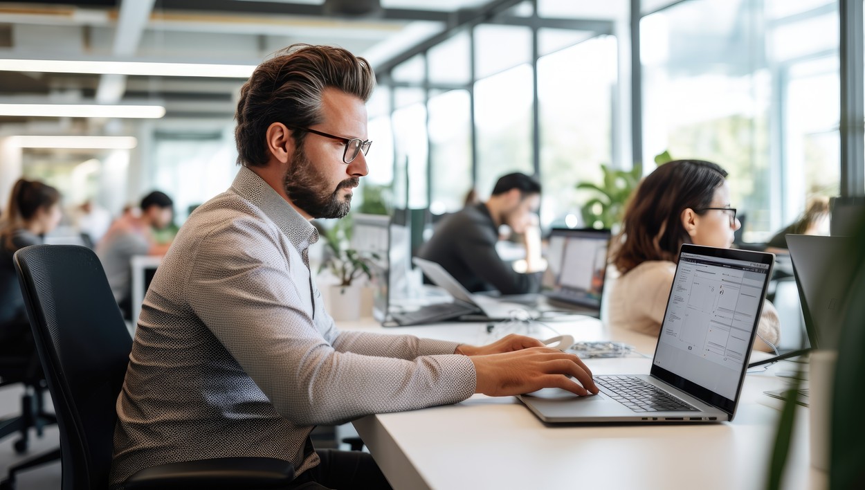 pisarna, biznisman, laptop, sedenje