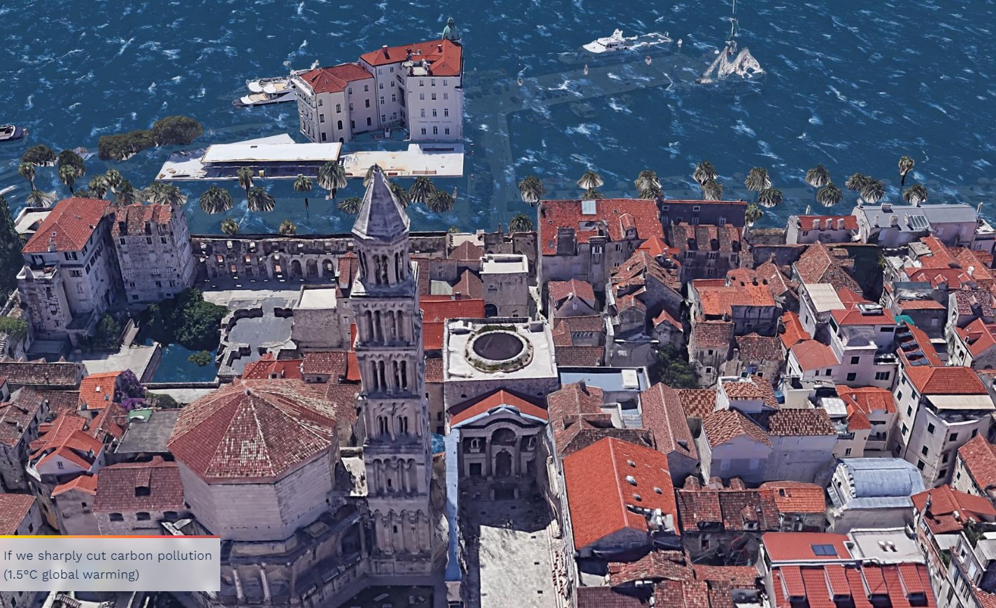 Raven morja v Splitu ob dvigu temperature za 1 5 stopinje (Foto Zajem zaslona CLIMATE CENTRAL)