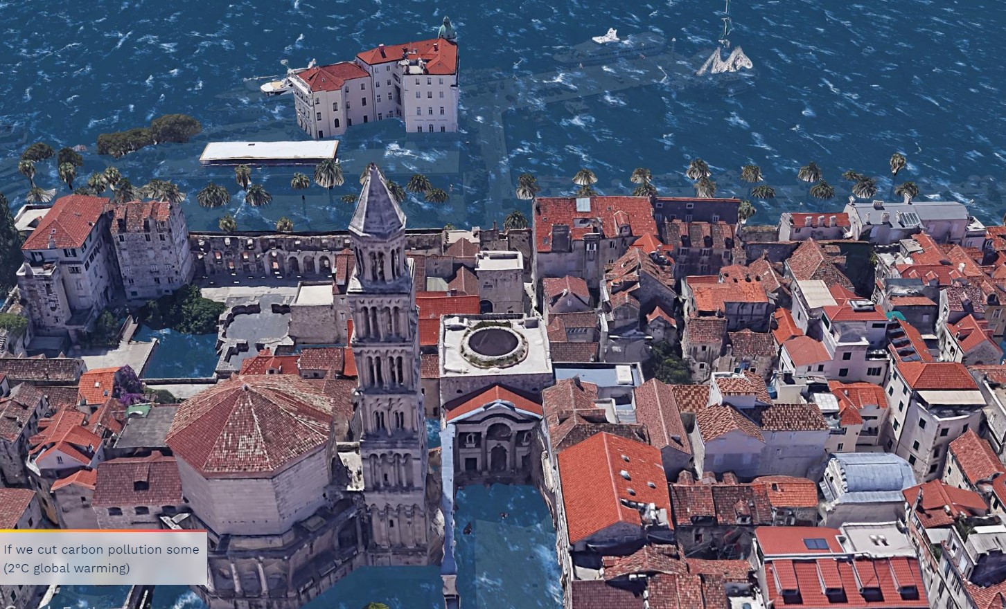 Raven morja v Splitu ob dvigu temperature za 2 stopinji (Foto Zajem zaslona CLIMATE CENTRAL)