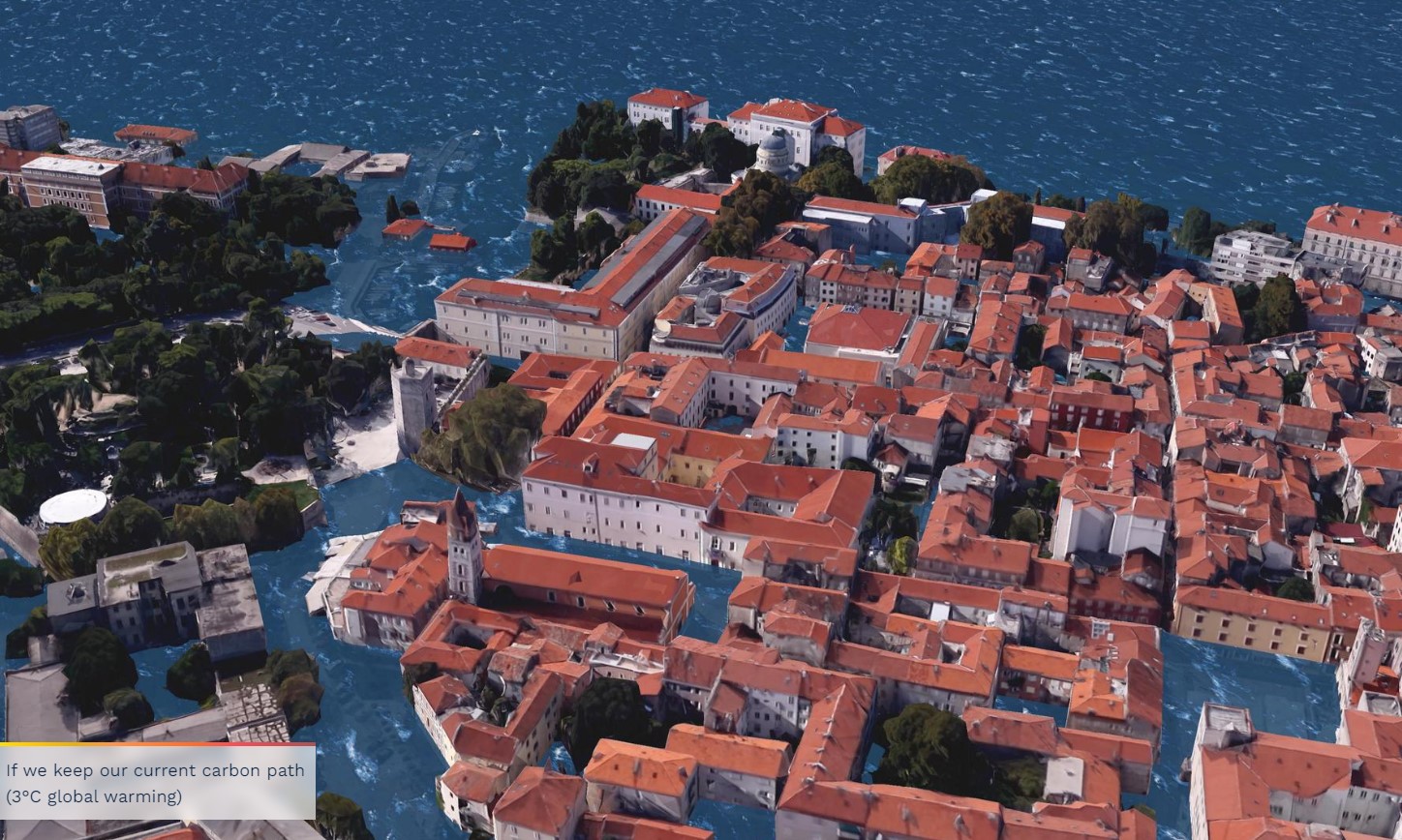 Raven morja v Zadru ob dvigu temperature za 3 stopinje (Foto Zajem zaslona CLIMATE CENTRAL)