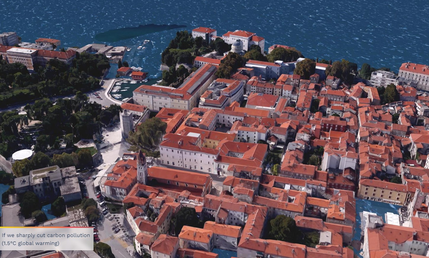 Raven morja v Zadru ob dvigu temperature za 1,5 stopinje (Foto Zajem zaslona CLIMATE CENTRAL)