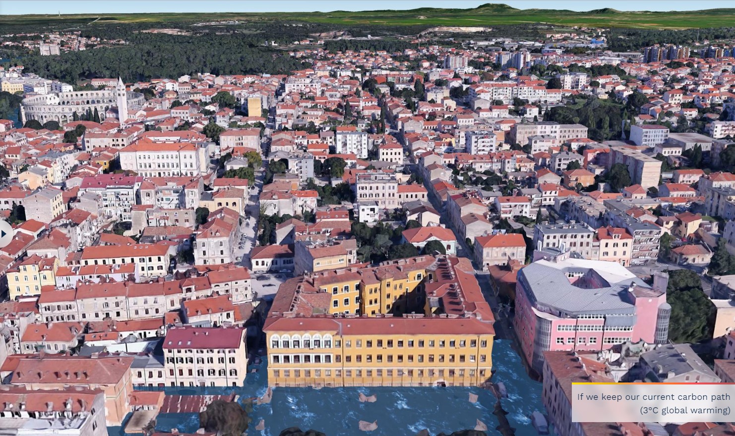 Raven morja v Puli ob dvigu temperature za 3 stopinje (Foto Zajem zaslona CLIMATE CENTRAL)