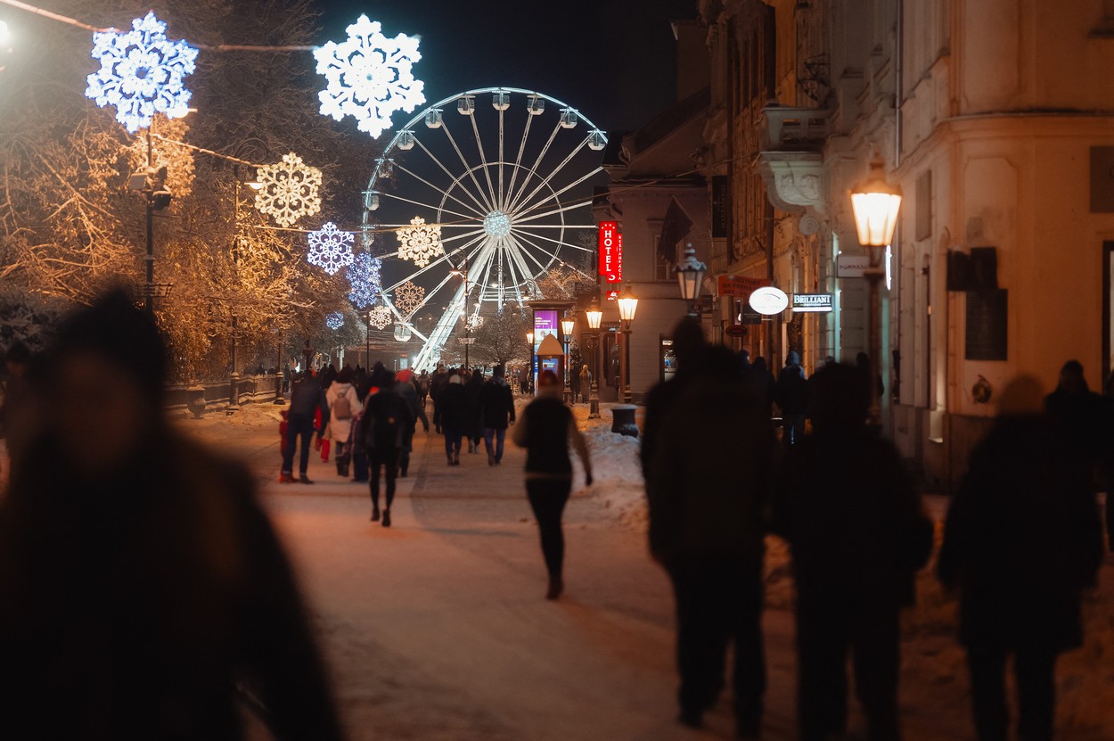 Christmas decorations on display throughout the city centre of Kosice, Slovakia