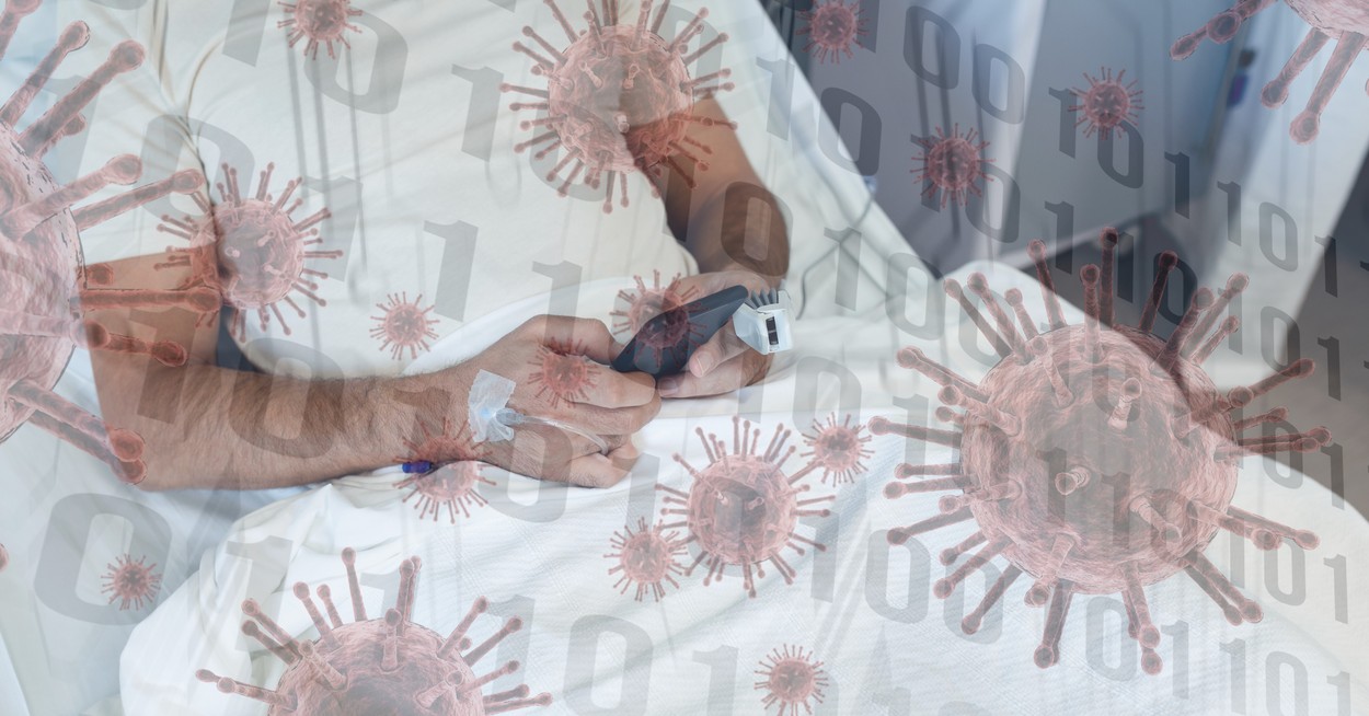 Digital illustration of a patient using his smartphone in hospital bed over coronavirus Covid19 cell