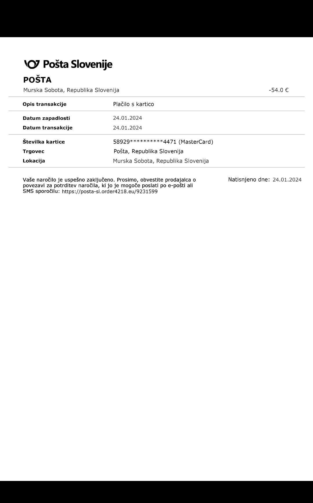 Lažno potrdilo o domnevno izvedenem plačilu (Foto: N1)