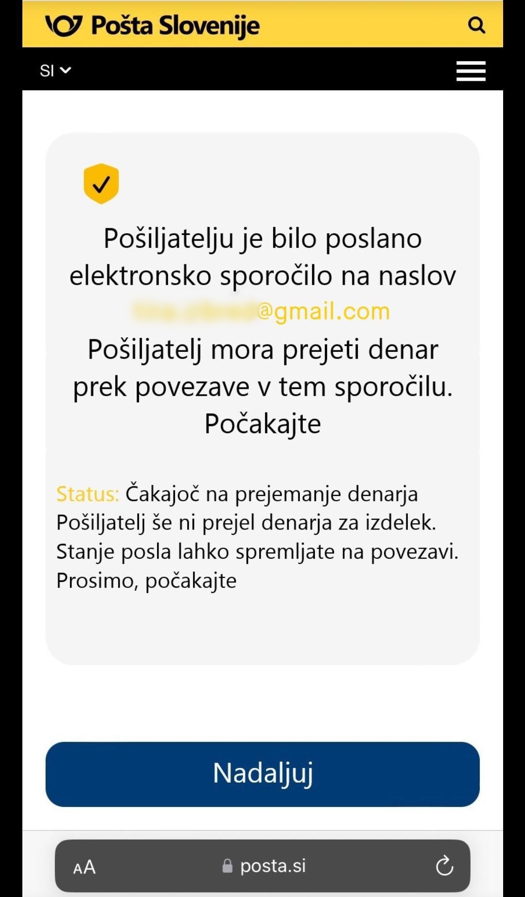 Sporočilo z navodili, kako lahko žrtev "prejme" plačilo (Foto: N1)