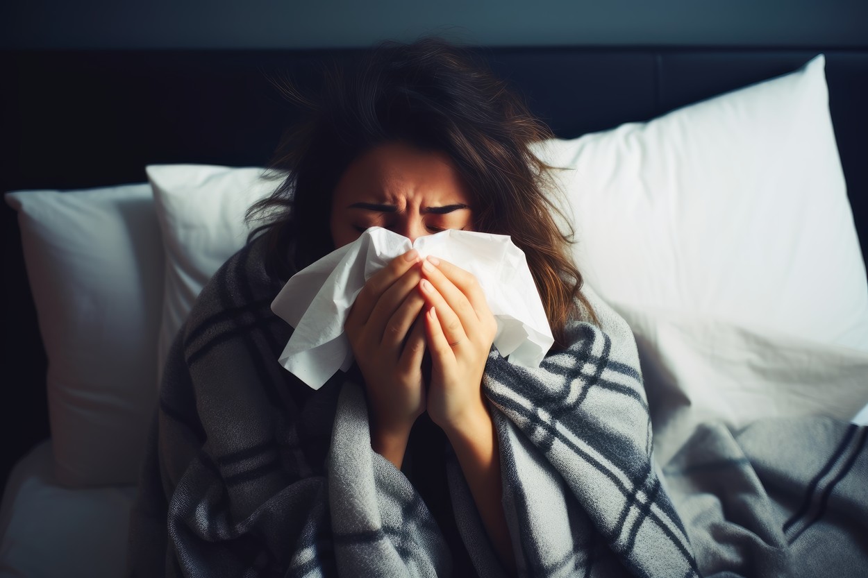 A woman with a flu lying in bed.