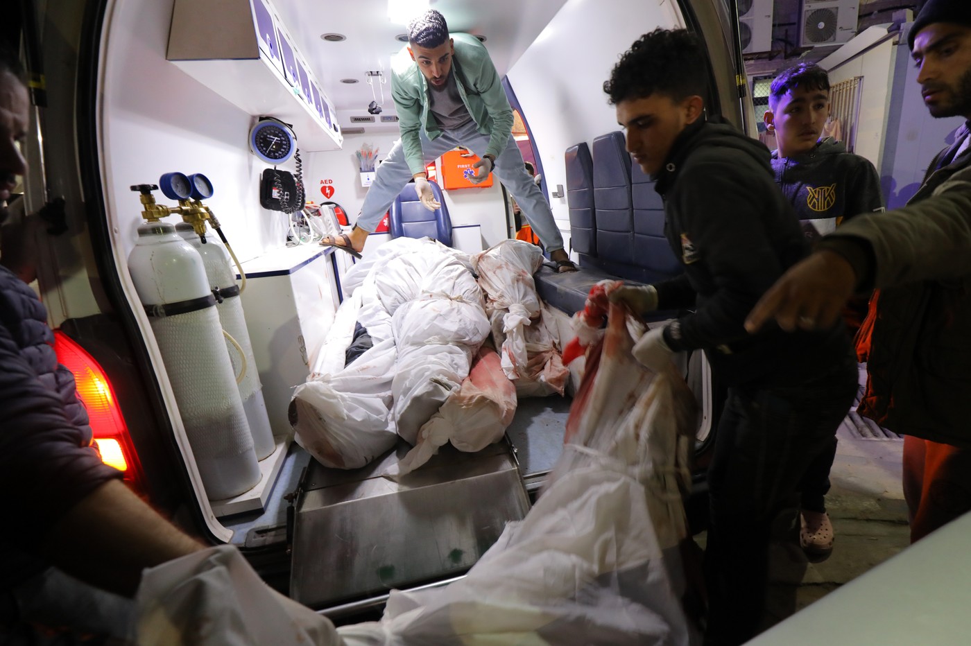Relatives of the Palestinians died in Israeli attacks, mourn as they receive the dead bodies from the morgue of Al-Aqsa Hospital, Dair El-Balah, Gaza Strip, Palestinian Territory - 17 Feb 2024