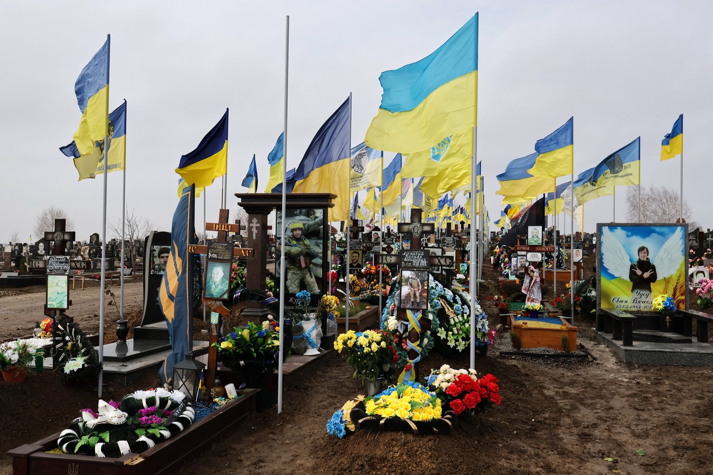 Graves of fallen soldiers of Ukrainian armed forces at the cemetery in Zaporizhzhia, Ukraine - 15 Feb 2024