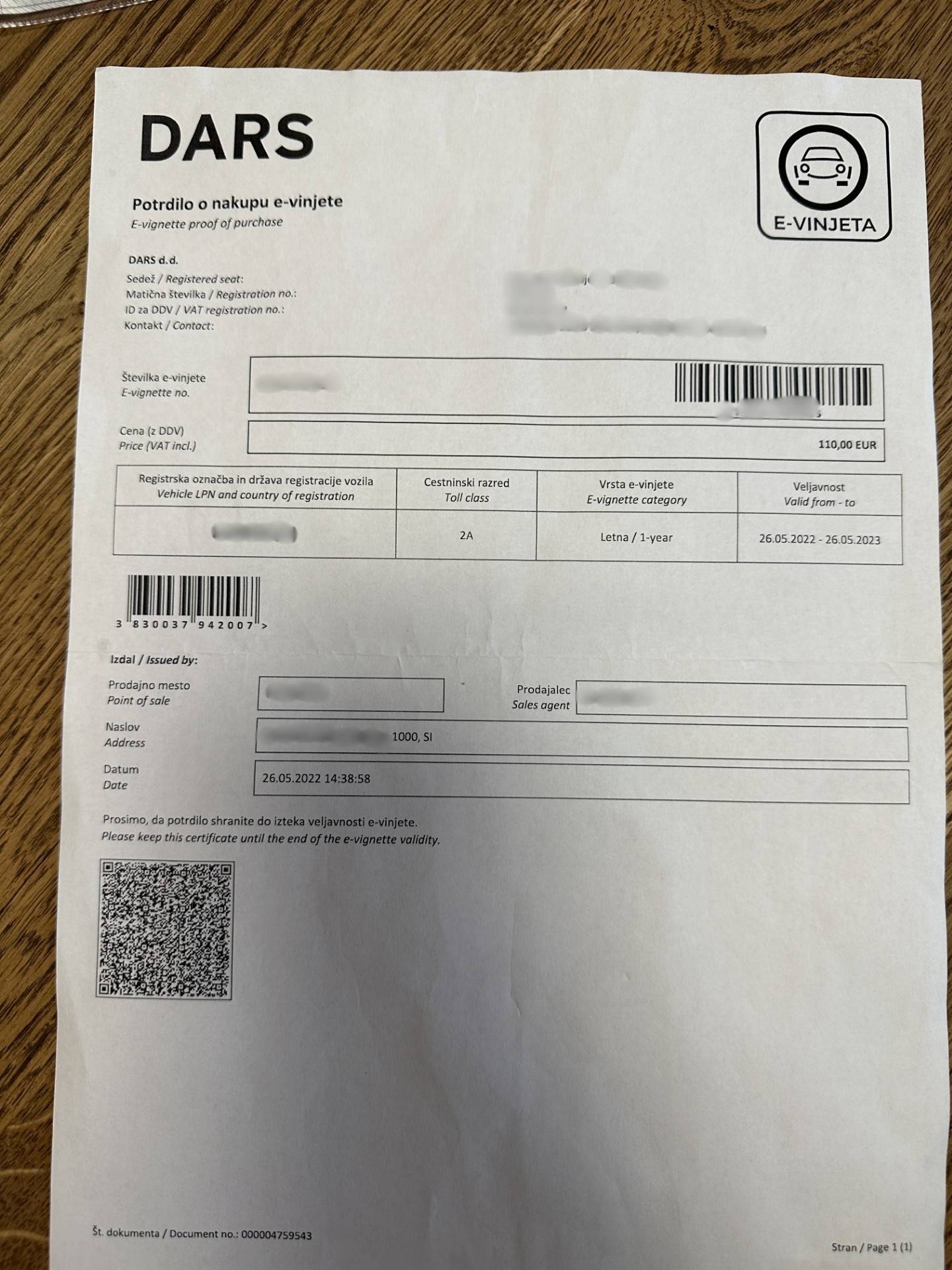 DARS, račun za tedensko vinjeto